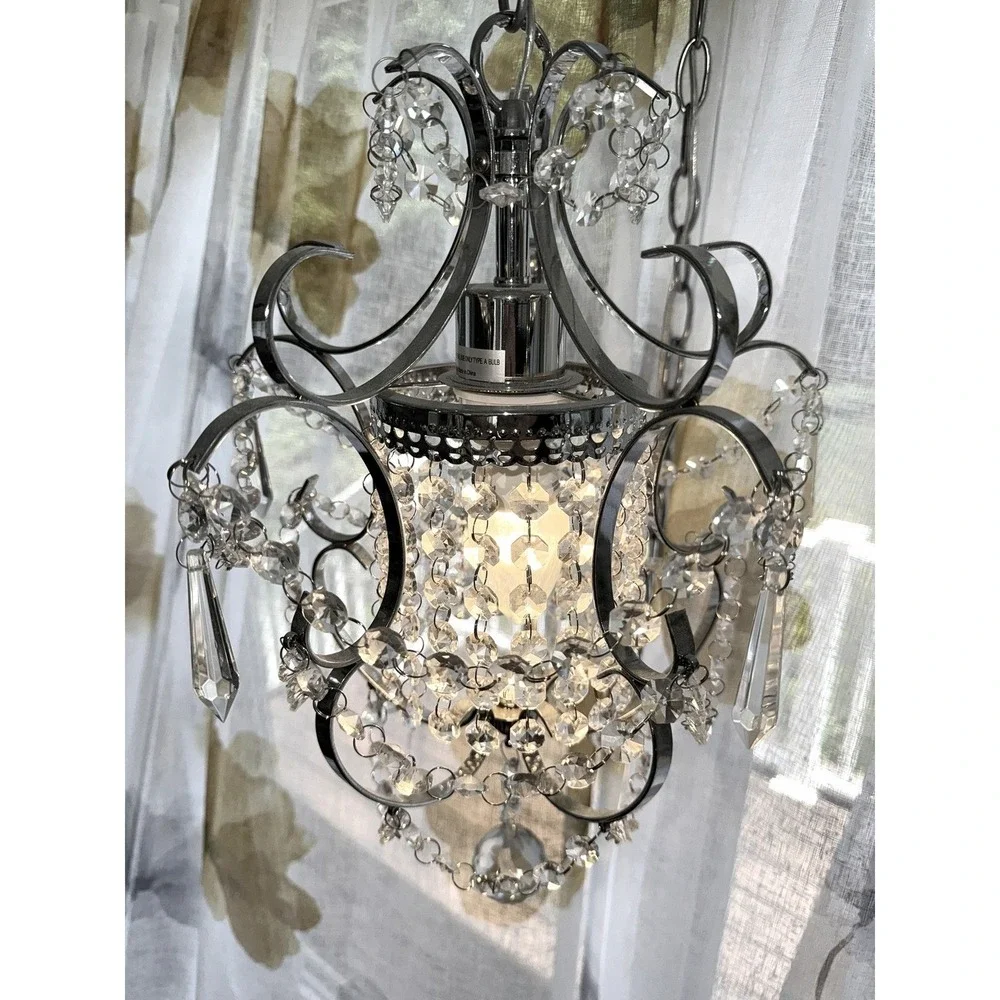 Mini Crystal Chandelier Silver Chrome Pendant Light Fixture Glam Excellent